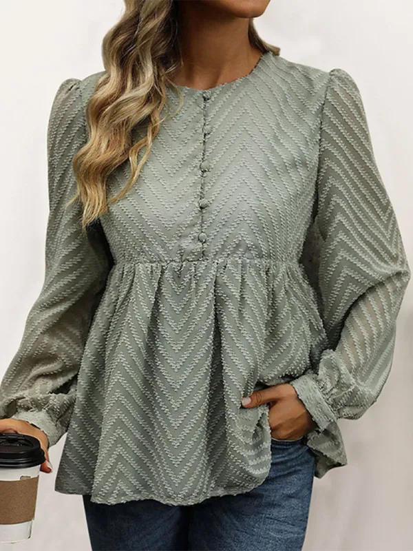 Women Chevron Textured Top Blouse with Long Sleeves