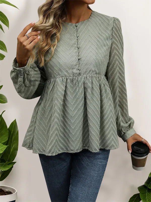 Women Chevron Textured Top Blouse with Long Sleeves