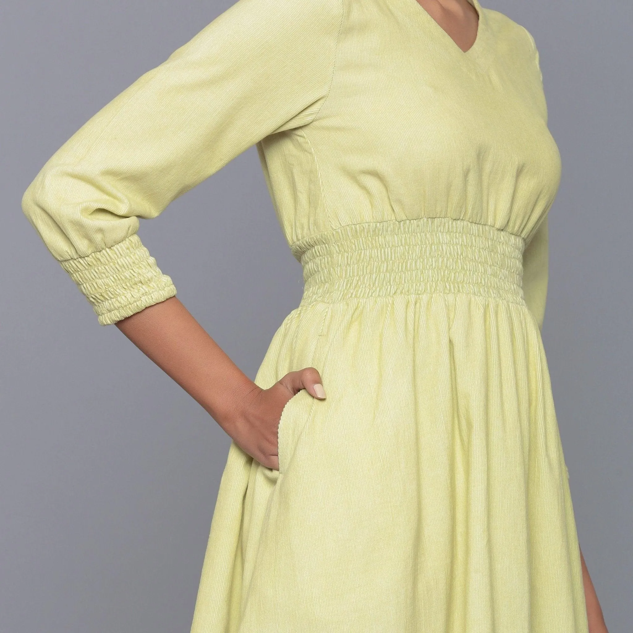 Yellow Pistachio Warm Cotton Corduroy Maxi Dress