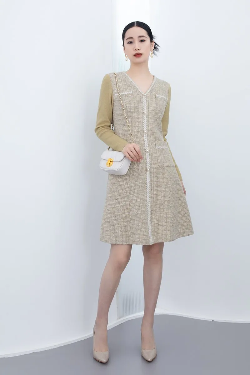 Yellow Tweed Long Sleeve Midi Dresses