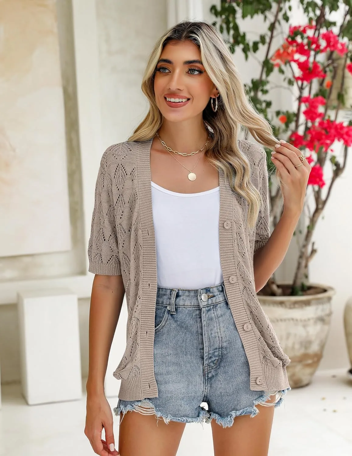 Zeagoo Short Sleeve Crochet Cardigan