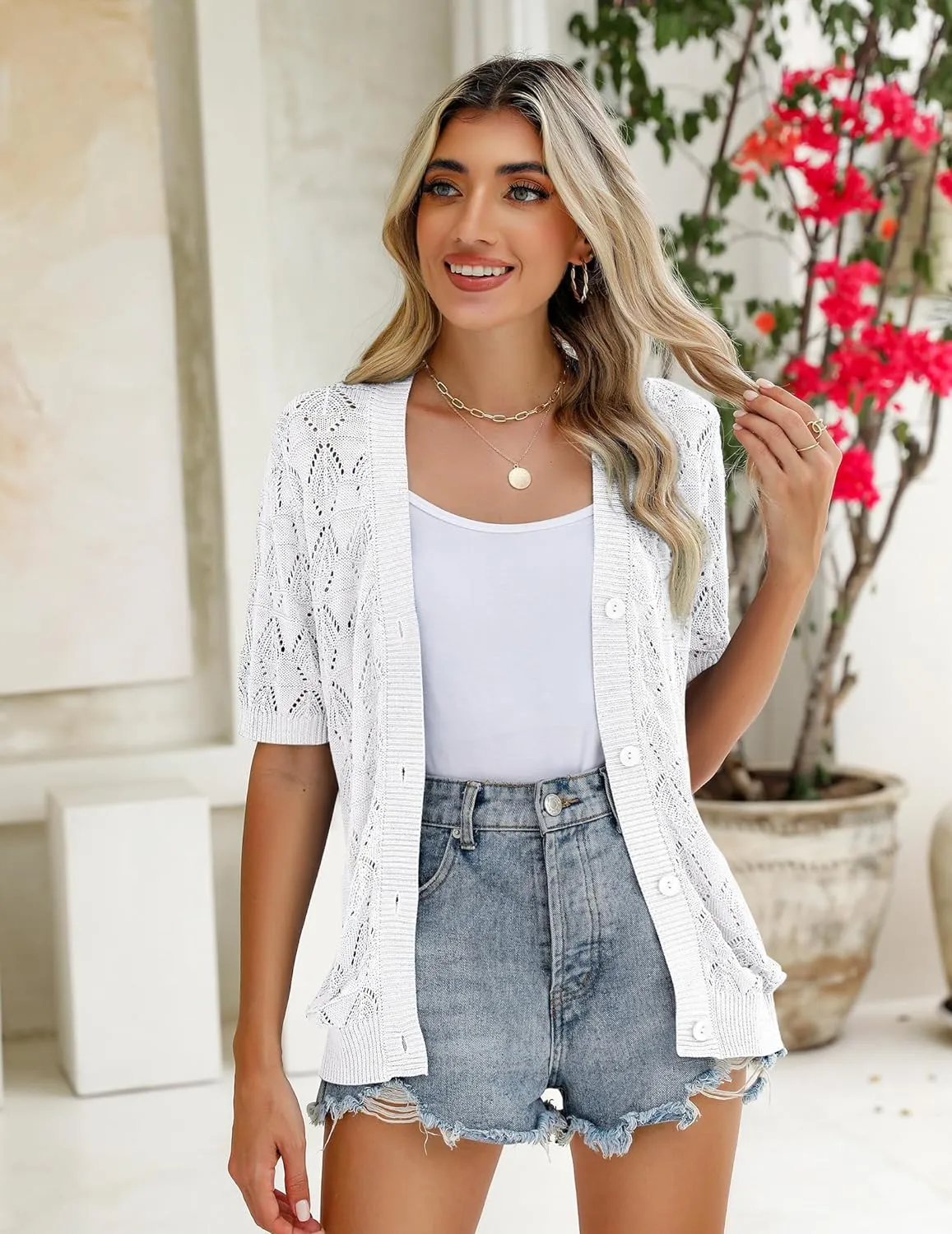 Zeagoo Short Sleeve Crochet Cardigan