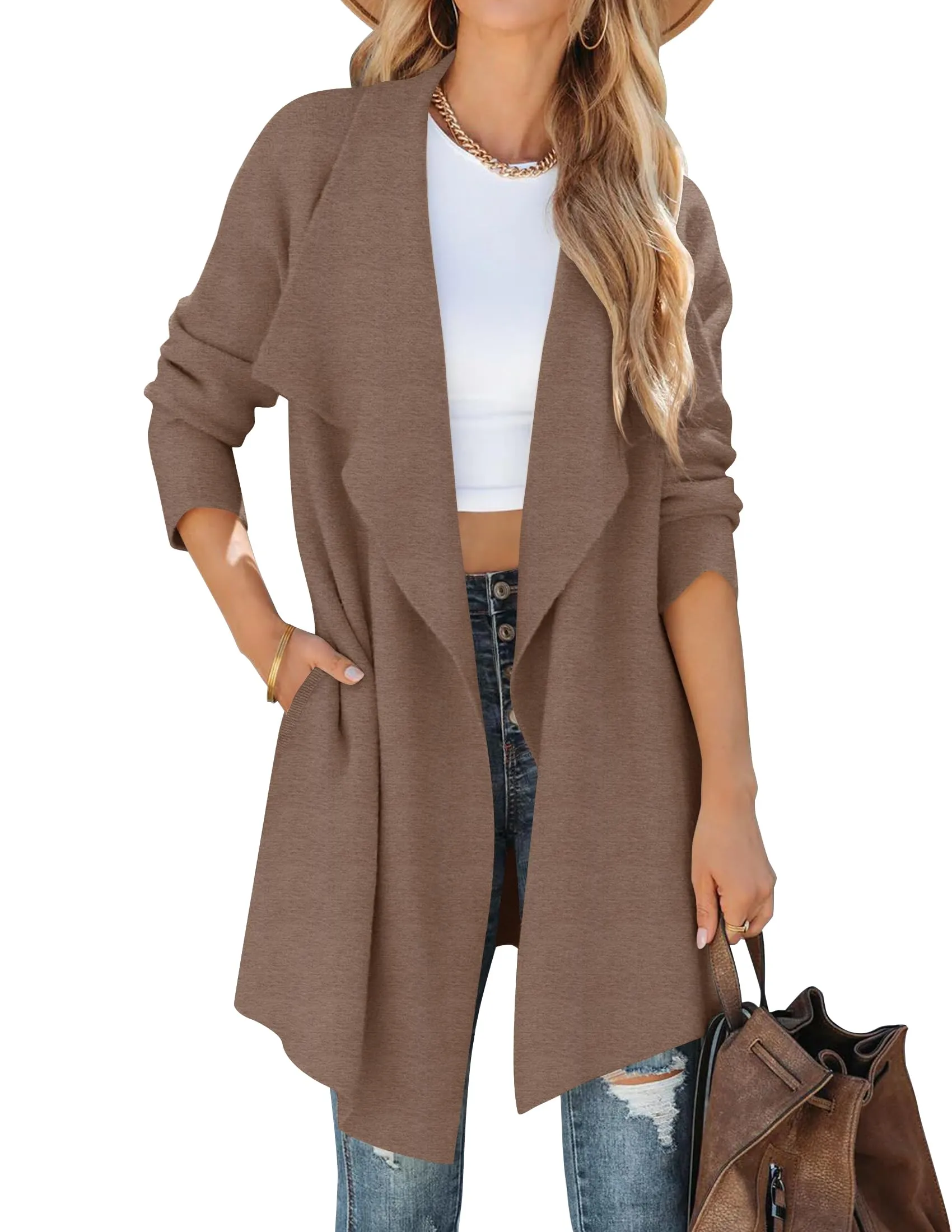 ZESICA Long Sleeve Open Front Irregular Hem Knit Lapel Cardigan