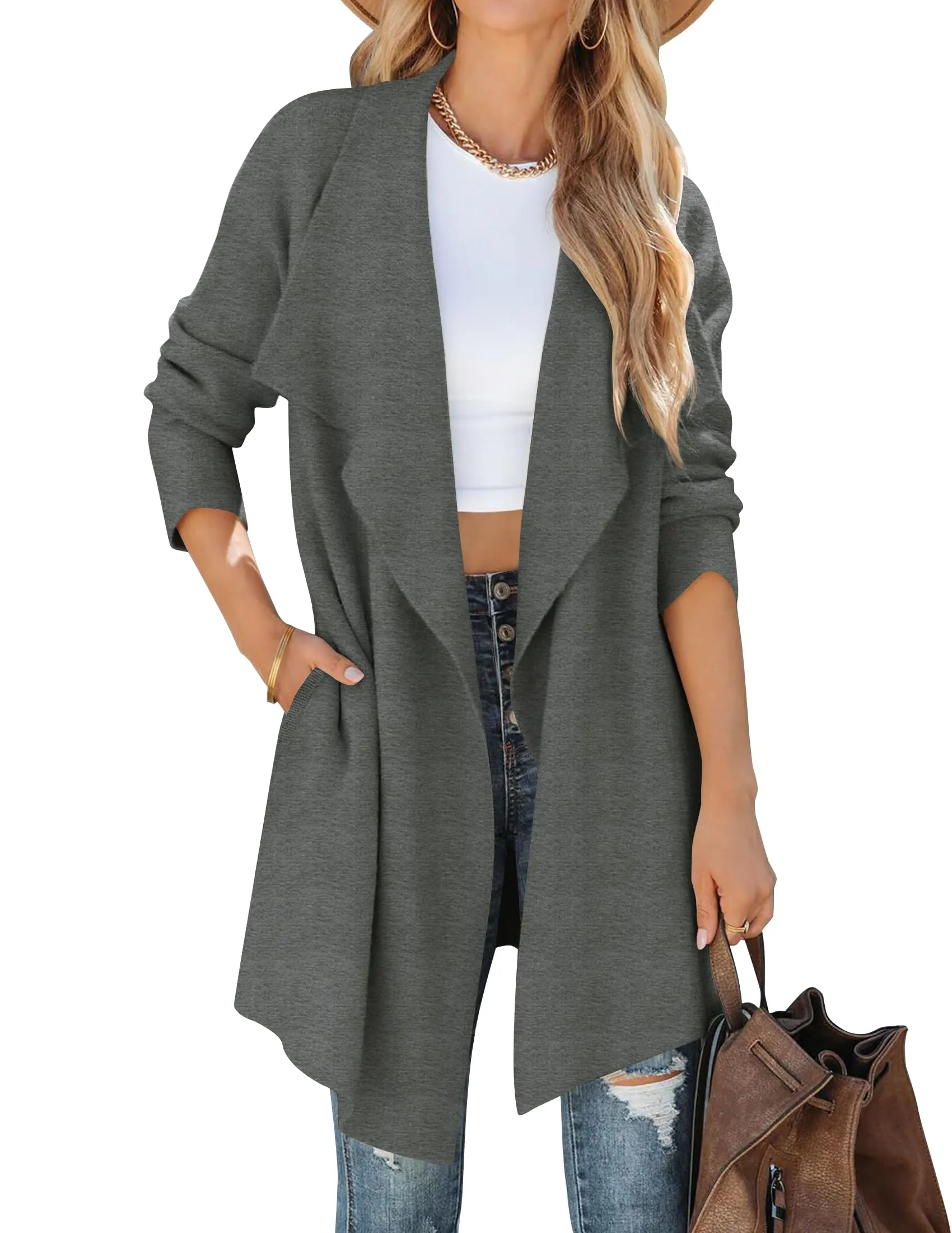 ZESICA Long Sleeve Open Front Irregular Hem Knit Lapel Cardigan