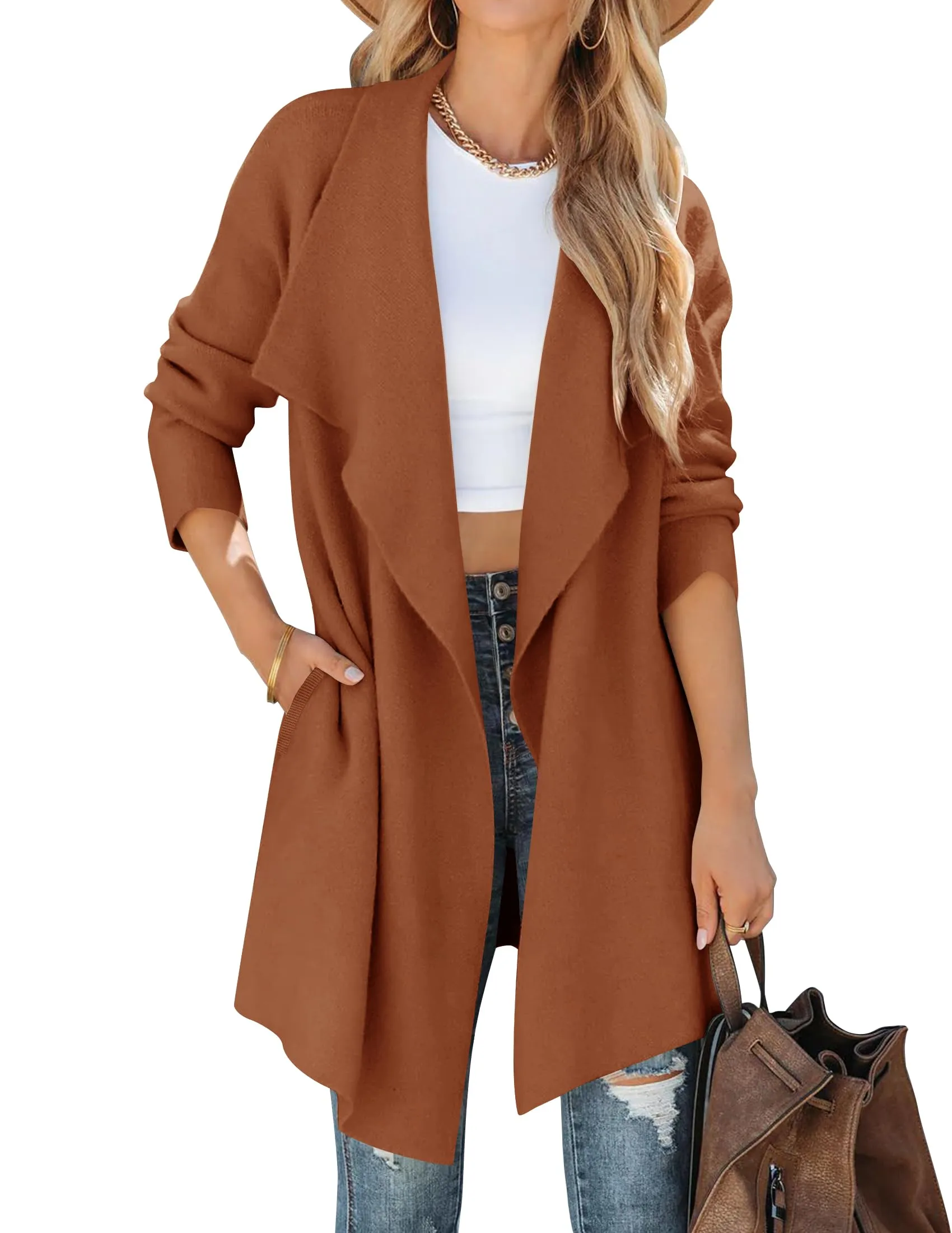 ZESICA Long Sleeve Open Front Irregular Hem Knit Lapel Cardigan