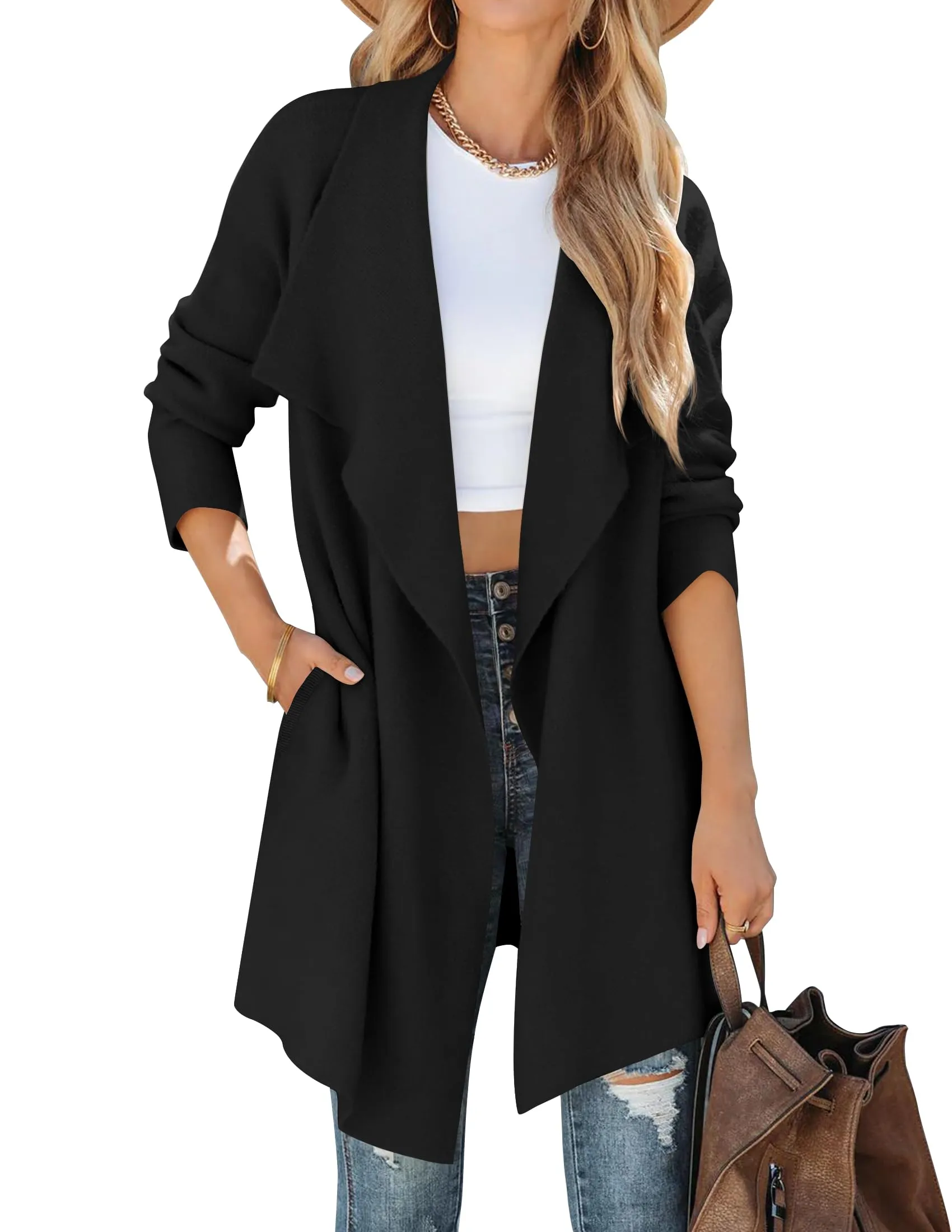 ZESICA Long Sleeve Open Front Irregular Hem Knit Lapel Cardigan